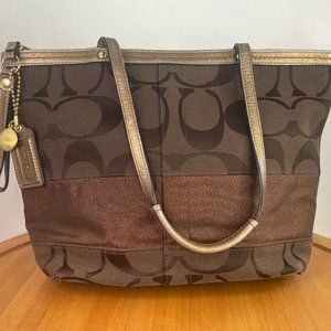 Coach Signature Logo Dark Brown Jacquard & Leather Tote Bag F13548 Great Cond